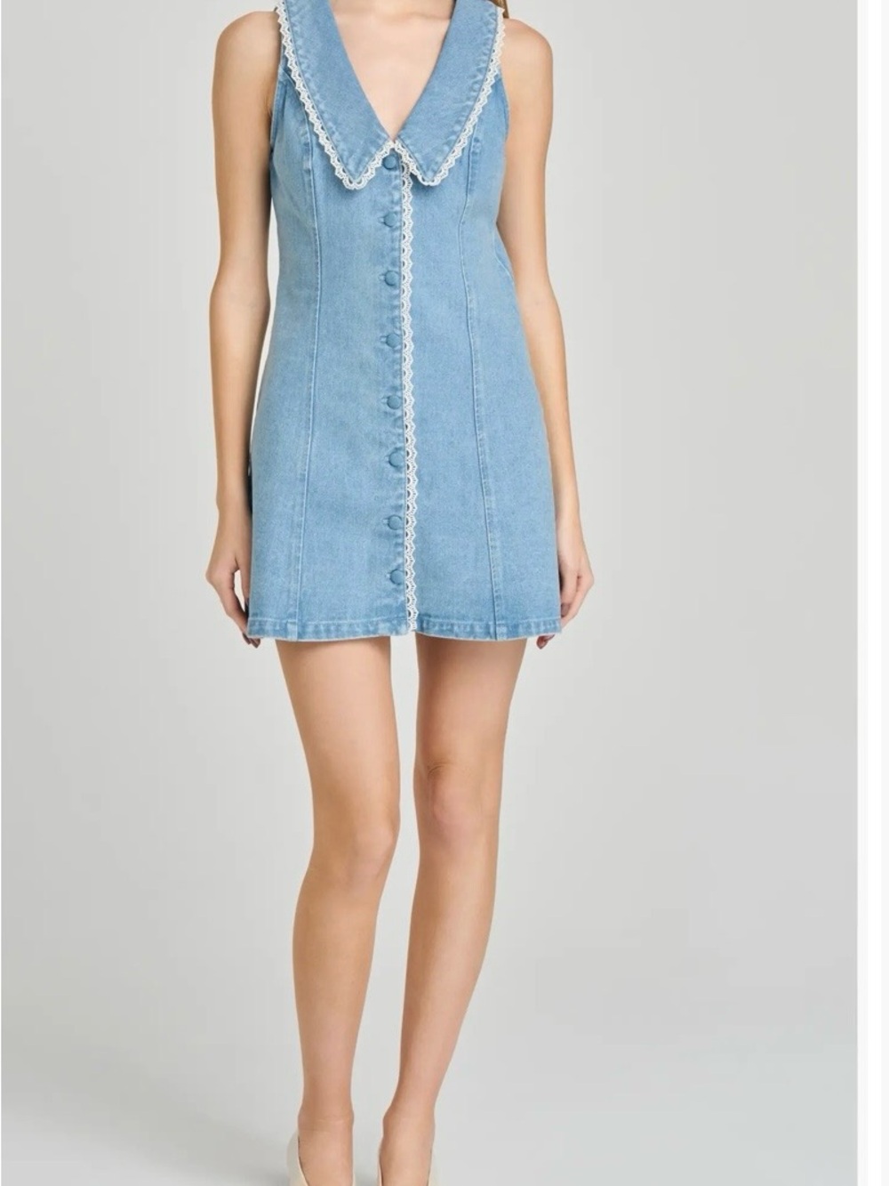 WAYF Light Blue Denim A-Line Mini Dress with Lace Trim